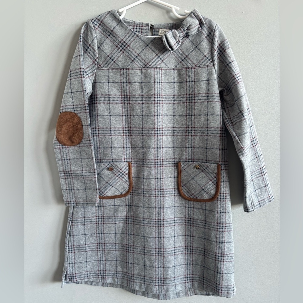 Hope & Henry Girls Quilted Ponte Riding Dress Gray Plaid Faux Suede size 8